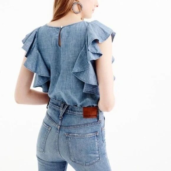 J. Crew‎ Ruffle Cotton Top in Chambray Pullover Size 0 - Picture 3 of 8